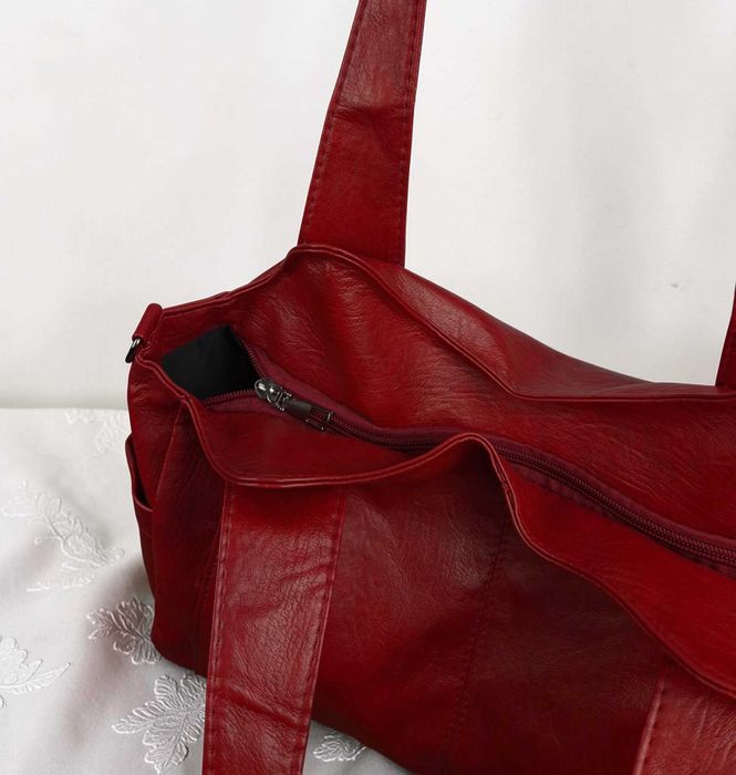 Czerwona Torebka Shopper Bag Skóra Ekologiczna Duża Na Ramię