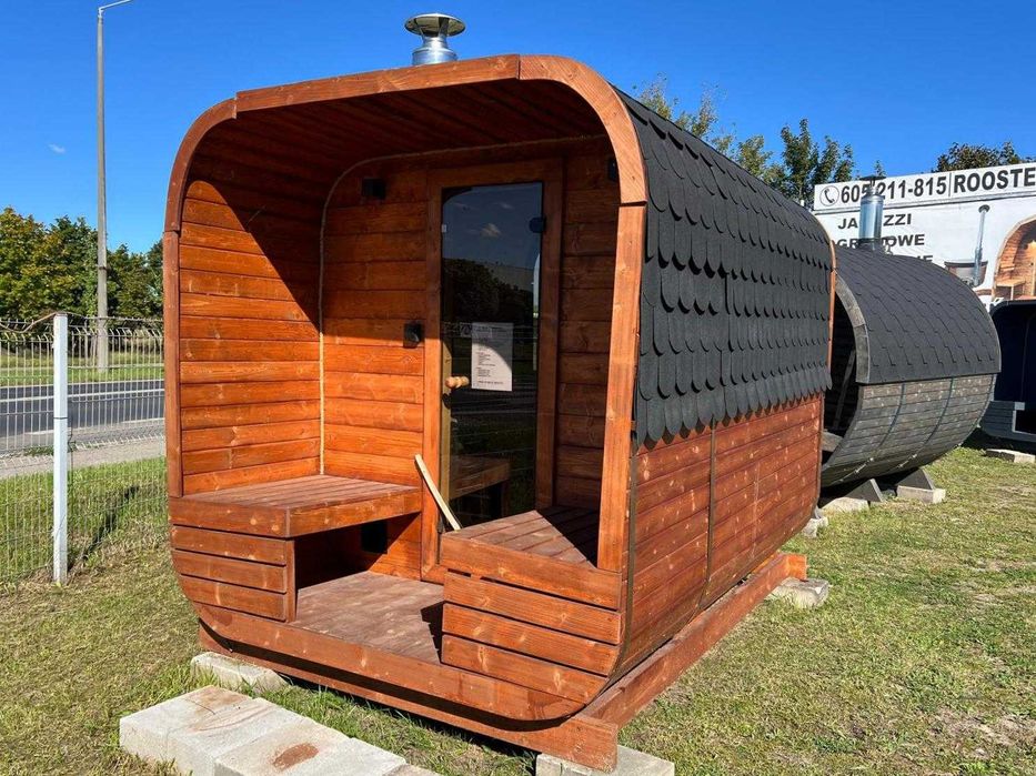 Sauna ogrodowa z piecem opalanym drewnem panorama kwadratowa 1-8 osób