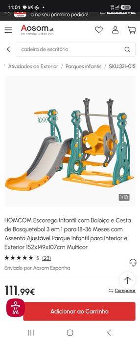 Escorega Infantil com Baloiço e Cesta de Basquetebol 3 em 1 para 18-36