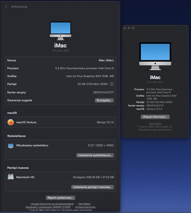 Apple iMac 21,5" / i5 2.3 GHz / 32 gb / ssd 512 / Intel Iris Plus 640