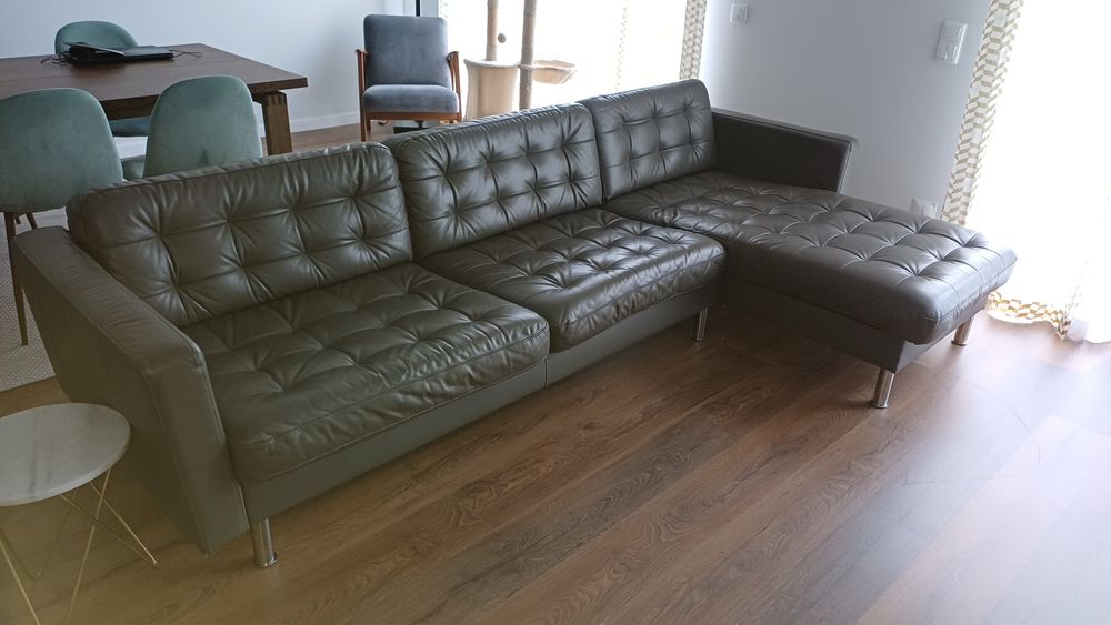 Sofá sala de estar 3 lugares mais chaise longue em pele