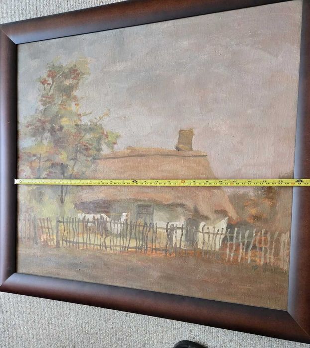 Pejzaż z chałupą, drzewem i koślawym płotem, Stanisław Mazuś