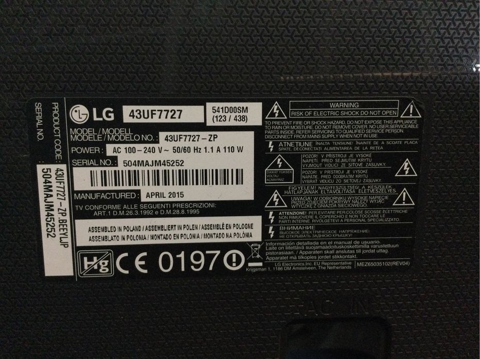 Telewizor LG 43UF7727 z uszkodzoną matrycą, podzespoły, części