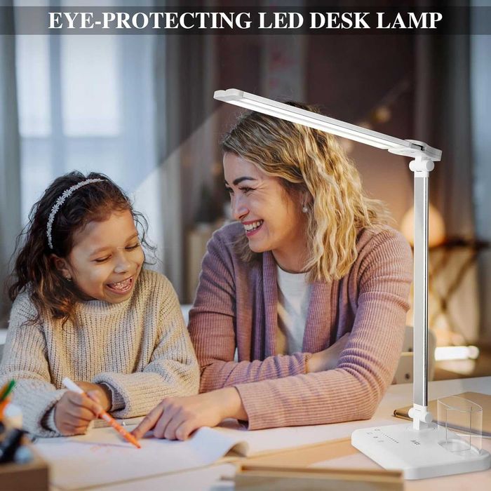 Candeeiro de Secretária LED com Braço Duplo Ajustável | 5 Modos de Luz e Controlo Touch Porta USB, Temporizador 45 min e Função Memória