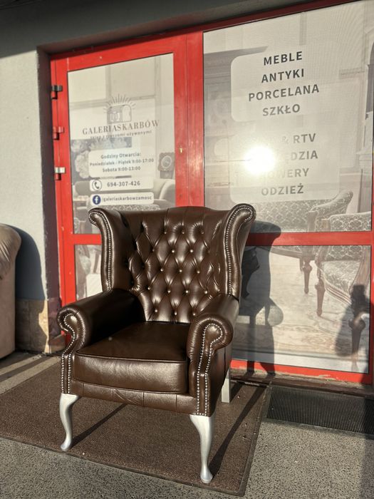 Stylowy fotel uszak Chesterfield NOWY prawdziwa skóra z Anglii DOWÓZ