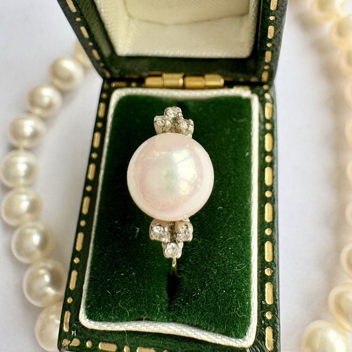 Retro pierścionek złoto 18 k perła diamenty R12 Certyfikat