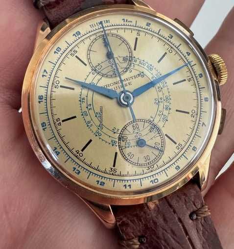 złoty zegarek-  złoto 18k -750- Chronographe Suisse Cie - stan idealny - nietuzinkowy wygląd - okazja