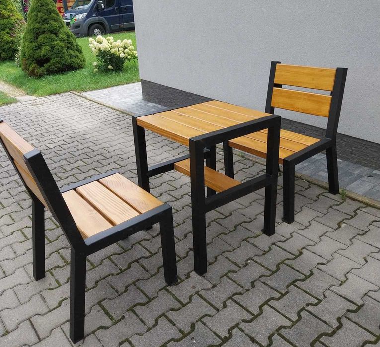Ogrodowe meble drewniane + metal ocynk stół 2 ławki 2 fotele zestaw