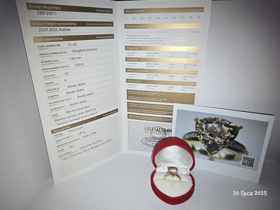 Pierścionek, morganit, 12 diamentów