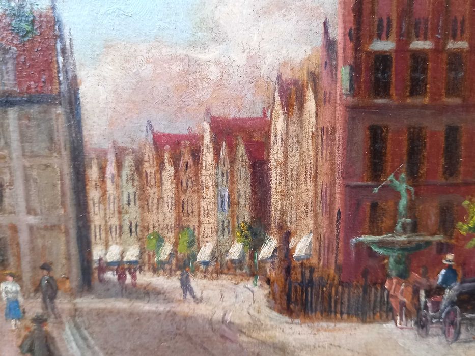 "Gdańsk", olej/płyta, sygnatura nieczytelna, przedwojenne malarstwo