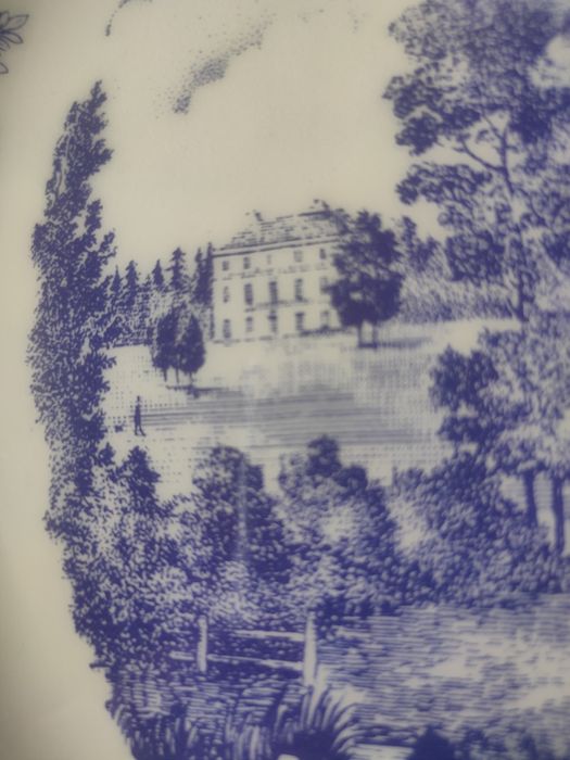 Conjunto de prato e saladeira azul e branco.