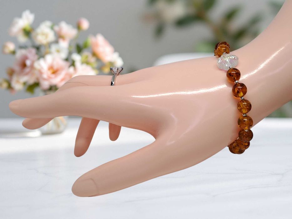 Bransoletka z bursztynu, bursztyn bałtycki kulka koniak #444