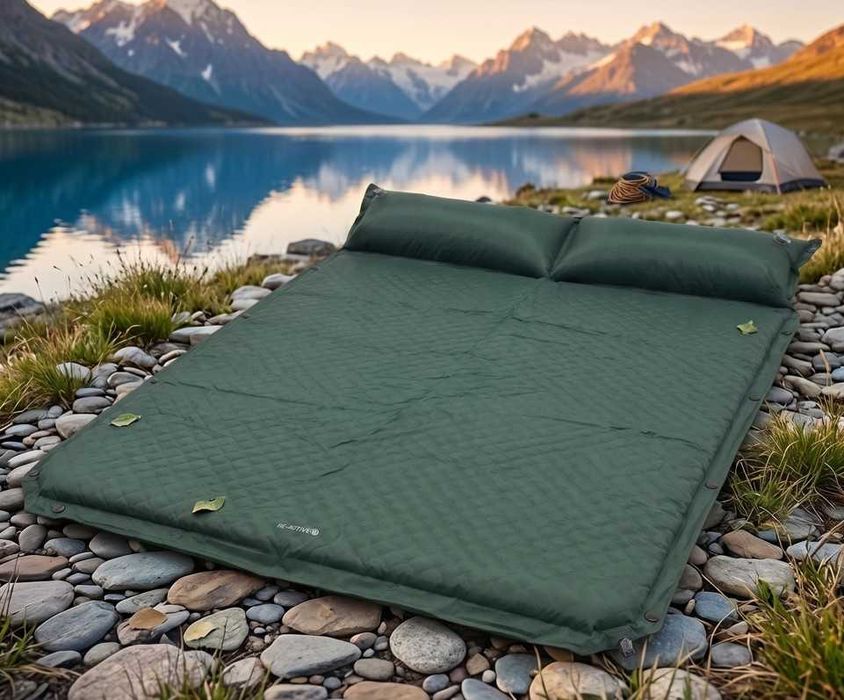 Mata Materac Karimata Samopompująca Turystyczna Dwuosobowa Gruba z Poduszką Ciemnozielona