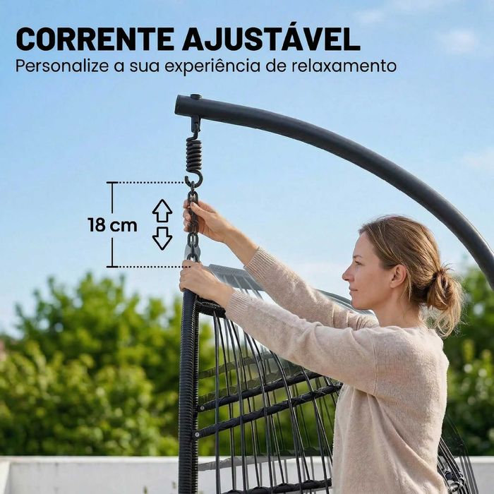 Cadeira jardim Suspensa com Suporte Cesto Dobrável Almofada Grossa e Altura Ajustável