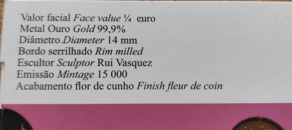 Moeda 1/4 de Euro Carlos Seixas - Ouro 99.9%