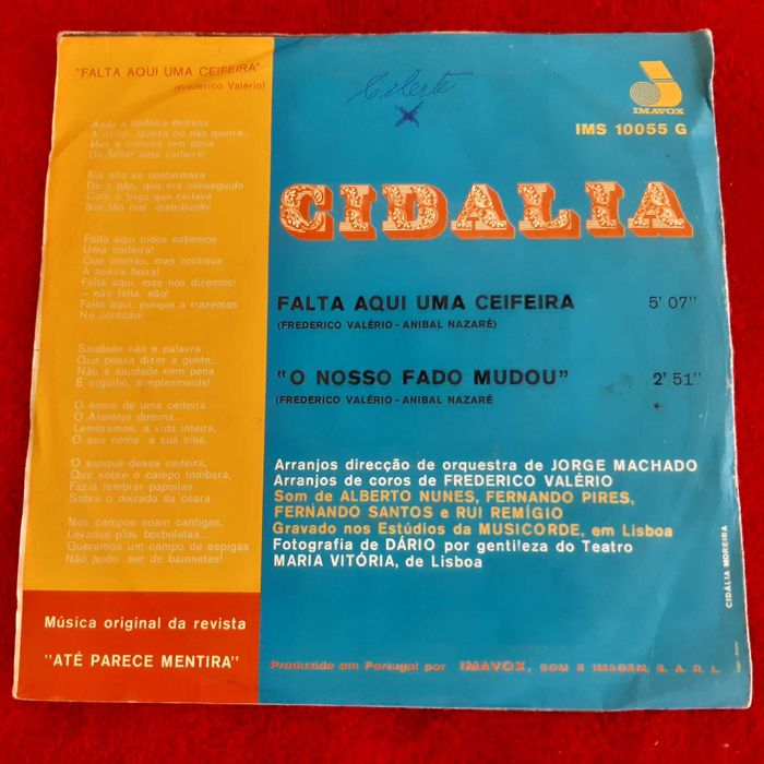 Disco Vinil Single Cidalia - Falta Aqui uma Ceifeira / O Nosso Fado Mudou