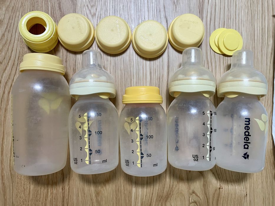 Biberões calma medela, frascos, sacos de congelação e esterelização