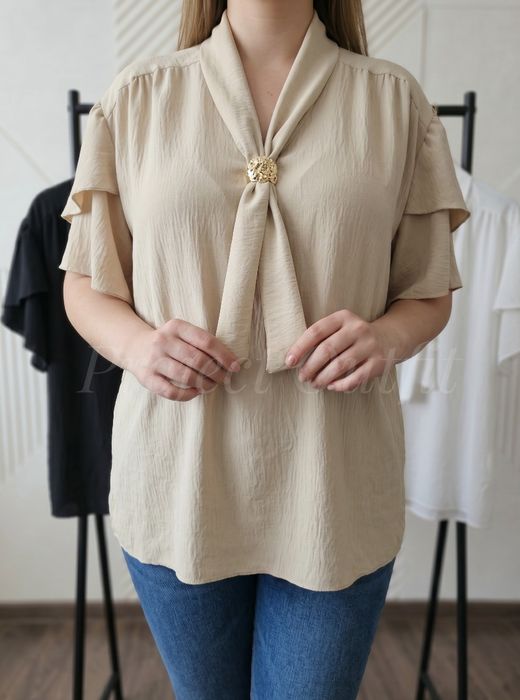 Elegancka Bluzka Damska Plus Size wiązanie ala gawroszka ze złotą klamrą Rękawy Falbanki - Motylkowe