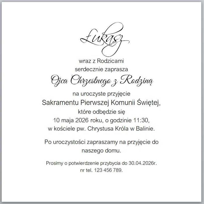 Zaproszenie na Pierwszą Komunię Świętą, komunijne