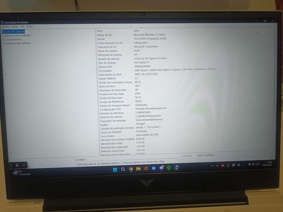 Portátil HP Victus 16.1" 16-e0008np R7 5800H 8GB 256GB RX5500M 144Hz