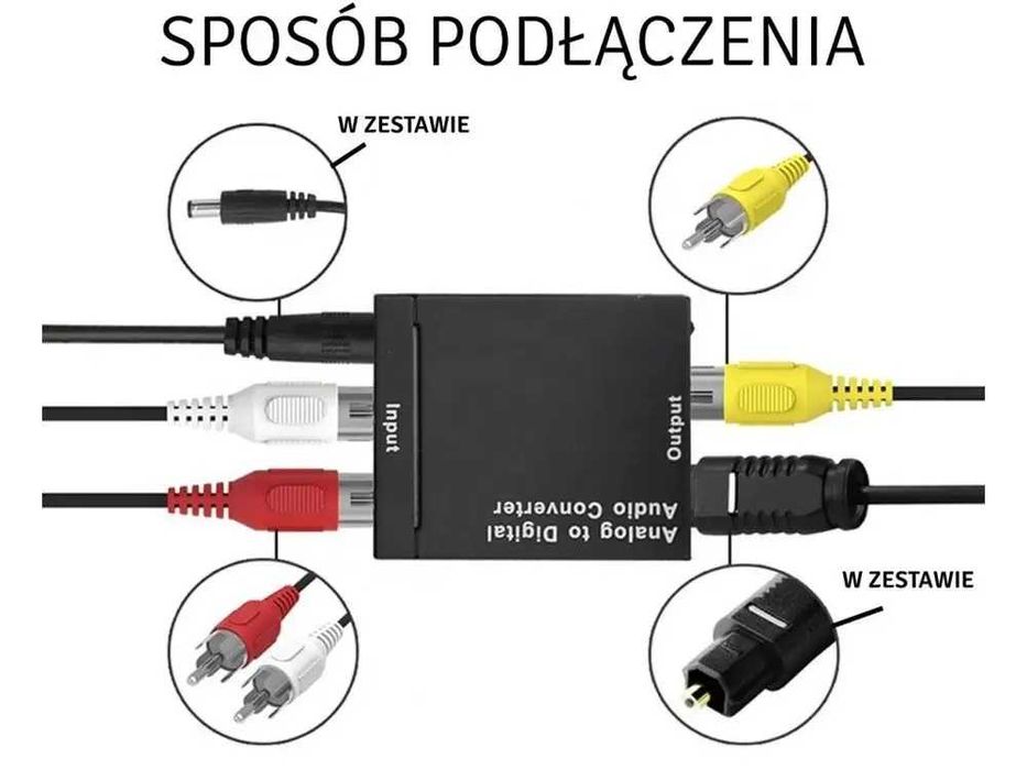 Konwerter optyczny Toslink na analog 2x RCA Cinch + Zasilacz