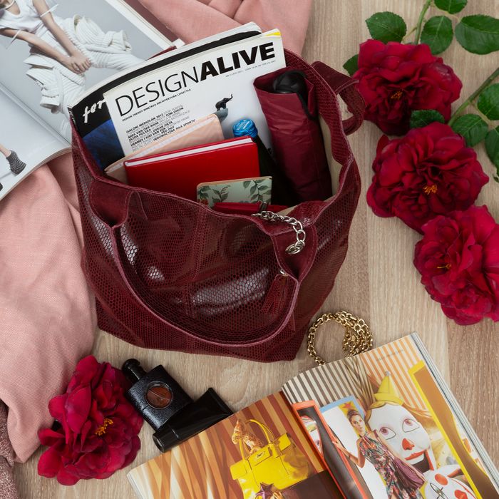 VERA PELLE torebka skórzana shopper lakierowana V588 c.bordowa