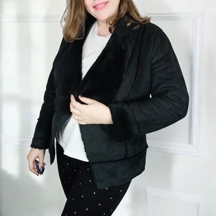 Czarny kożuch kożuszek shearling kurtka ramoneska plus size 44