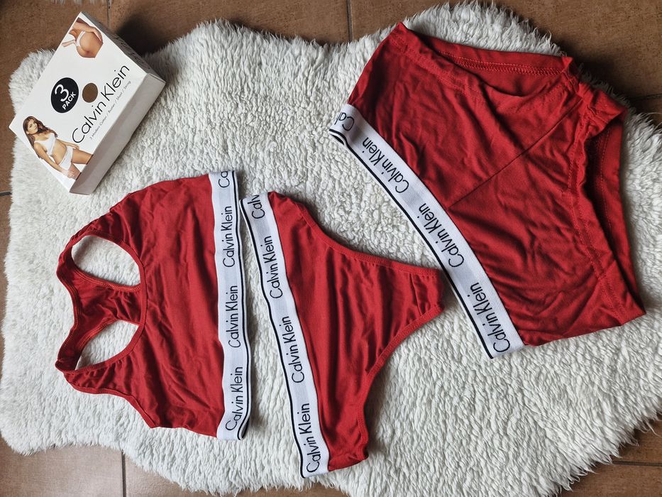 Damska bielizna s czerwona 3szt top stringi majtki bawełna c.k.guma pu