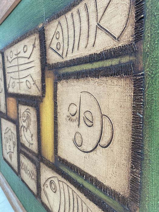 Quadro moderno a oleo sobre tela com relevo e com moldura de madeira
