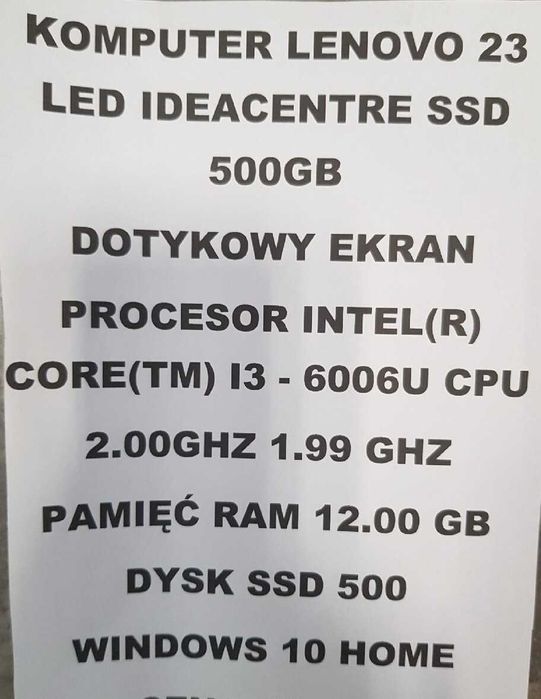 Komputer dotykowy Lenovo 23 LED Ideacentre SSD