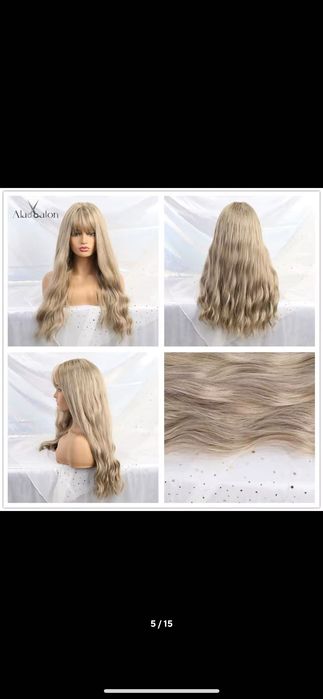 Nowa peruka damska blond jasna z grzywką falowana loki kręcona