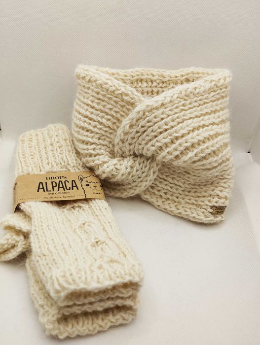 Komplet: opaska; turban; mitenki; alpaka 100%; handmade; ecru