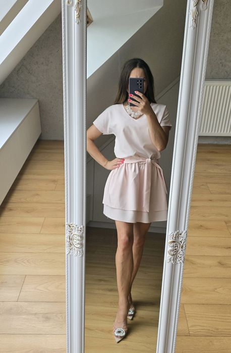 Sukienka z szarfą krótki rękaw wesele imprezowa