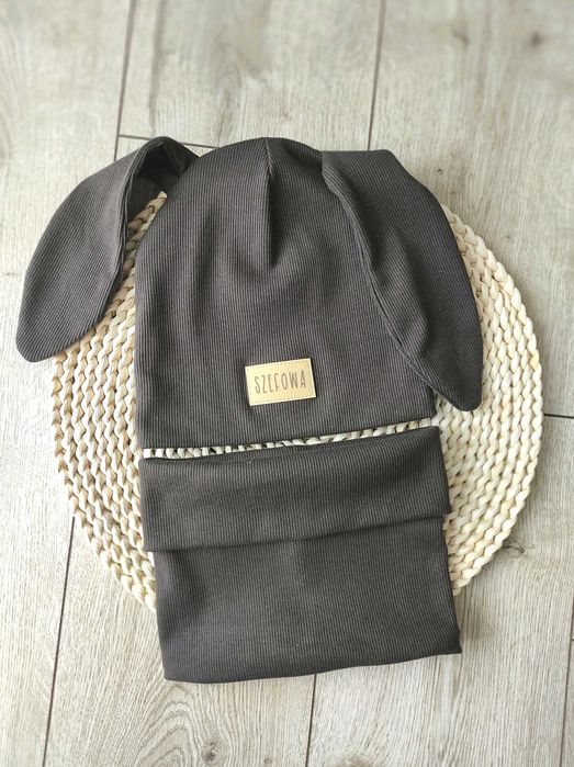 Od ręki! Komplet jesienny zestaw czapka królik komin prążek czekolada