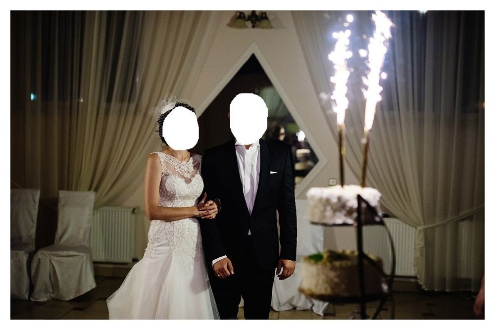 Przepiekna suknia ślubna z perełkami, tiulem i trenem r 34/36