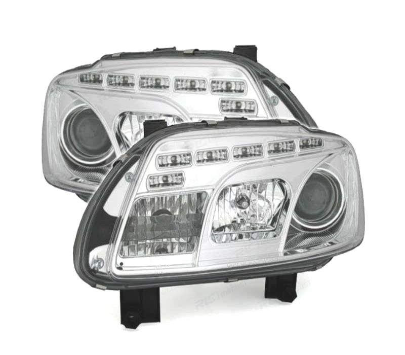 FARÓIS FRONTAIS LUZ DIURNA LED VOLKSWAGEN VW TOURAN 03-10 FUNDO CROMADO