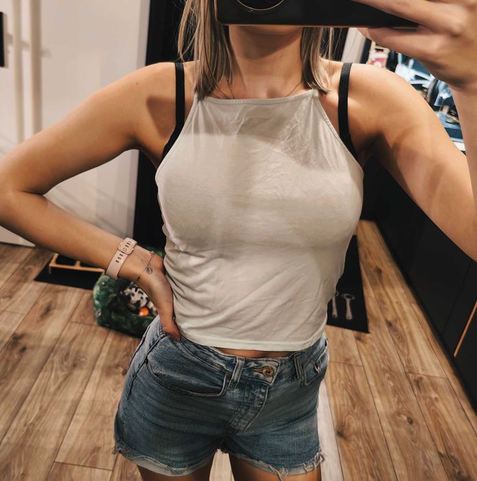 Błękitny crop top halter New Look pastel S koszulka bluzka