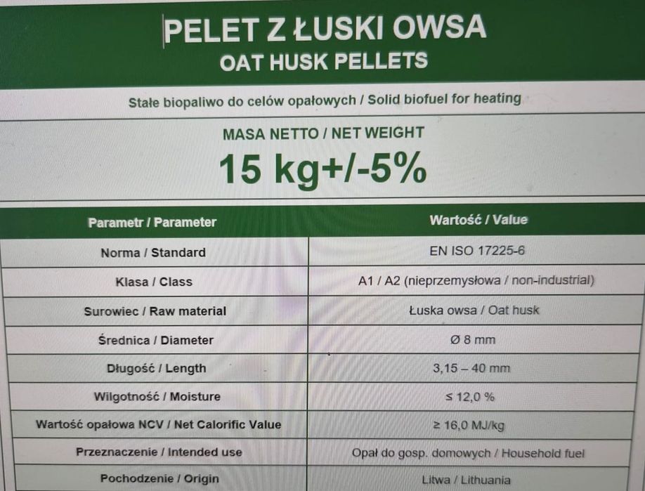 Pellet z łuski owsa z certyfikatem kaloryczność 16MJ