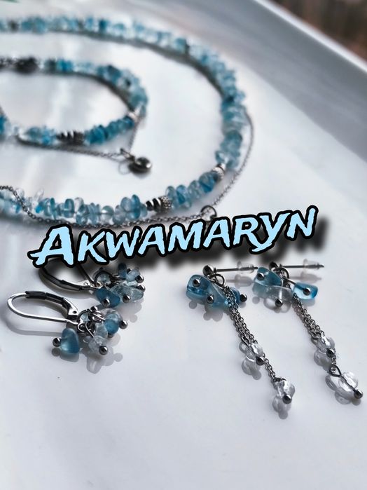 Komplet biżuterii - akwamaryn, stal chirurgiczna