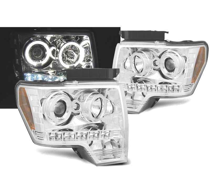 CONJUNTO DE FARÓIS PARA FORD F150 MK12 08-14 ANGEL EYES + LED CROMADO