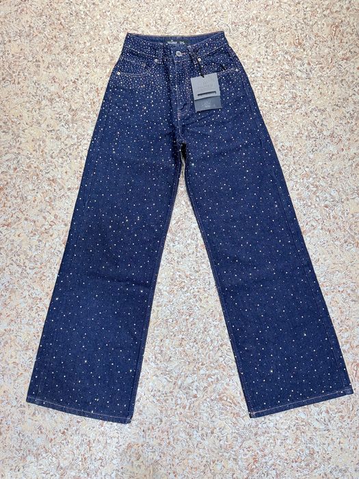 Темно-сіні жіночі джинси палаццо зі стразами