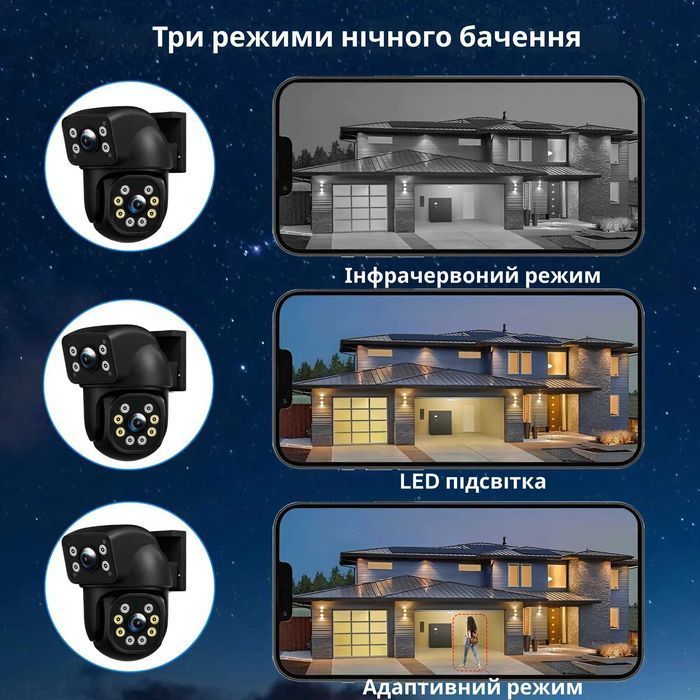 Подвійна вулична поворотна IP WiFi камера відеонагляду для дому, E390, 4 МП, Чорна