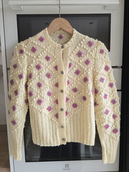 Kardigan dziergany wełniany r. S handmade w kwiaty premium