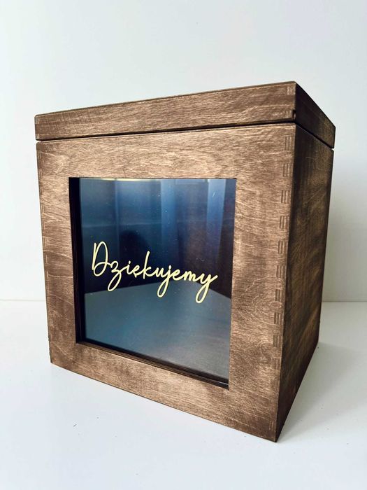 Duże drewniane rustykalne pudełko na koperty  pleksi złoty napis ślub