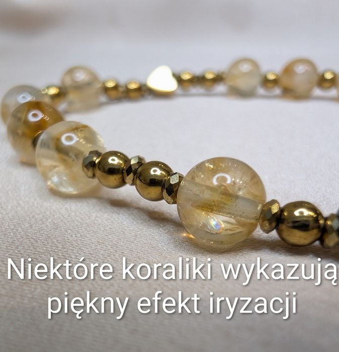 Bransoletka różaniec z kamieni cytryn krzyżyk serduszko prezent pamiąt