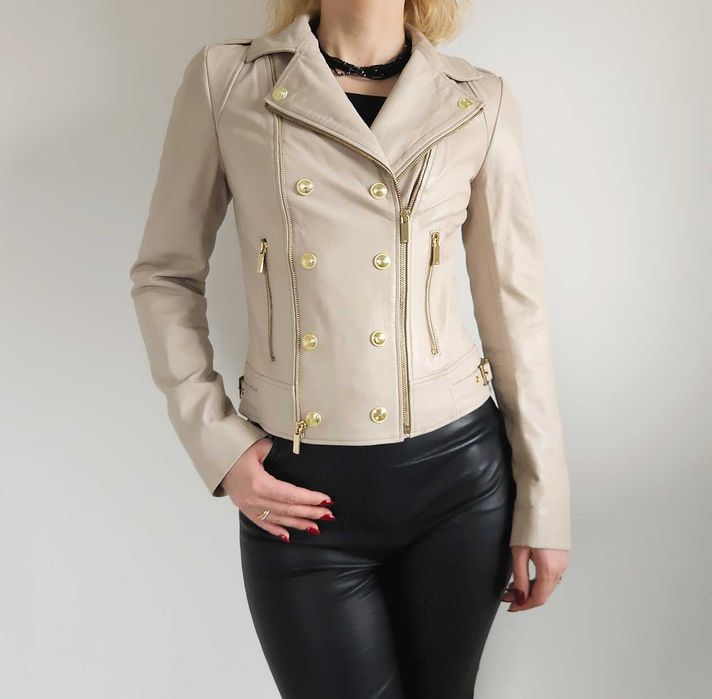 Kurtka skórzana Karen Millen skóra naturalna ramoneska military