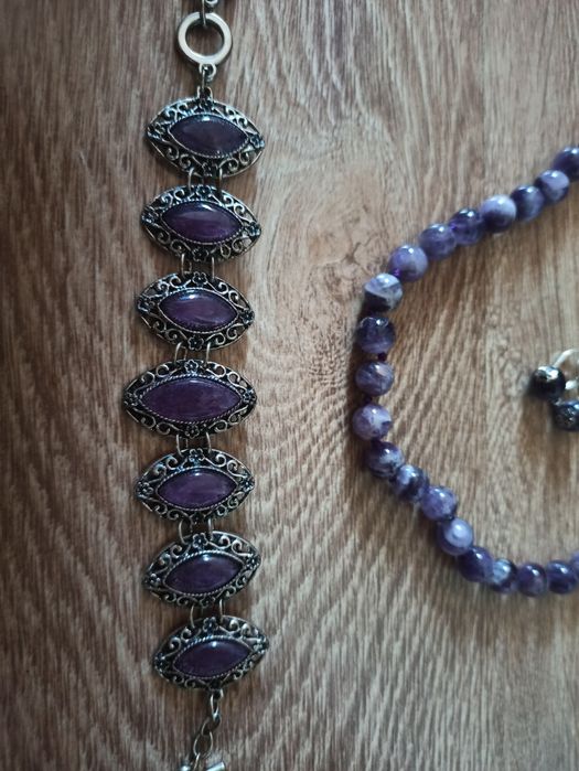 Набір із натурального каменю, аметистові сережки, браслет, намисто