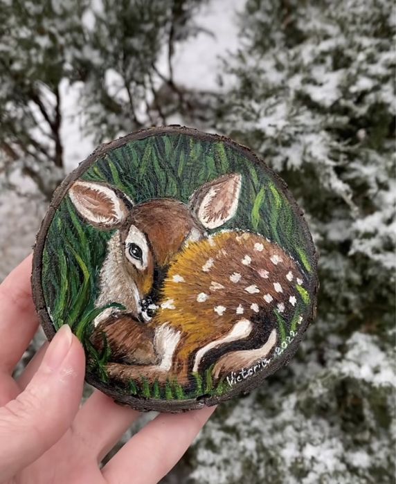 Картина на спилі дерева олійними фарбами «оленя»