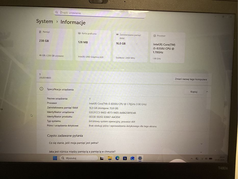 Lenovo T480s 16GB / 256GB Win 11