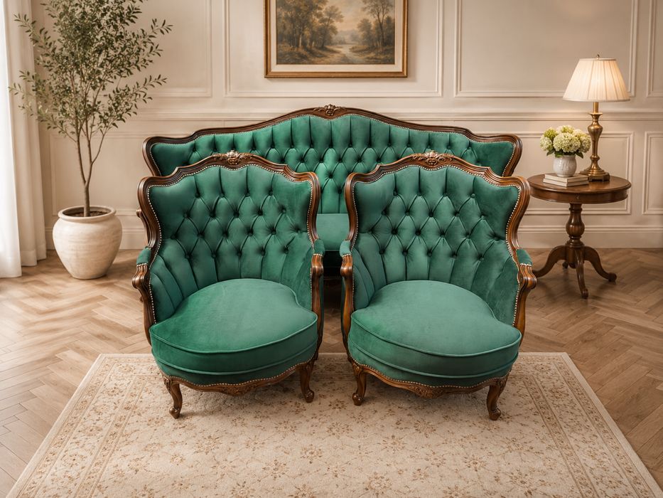 Stylowa Wypoczynek Ludwikowski Sofa Kanpa + 2 Fotele Warrings Unikat Po Renowacji